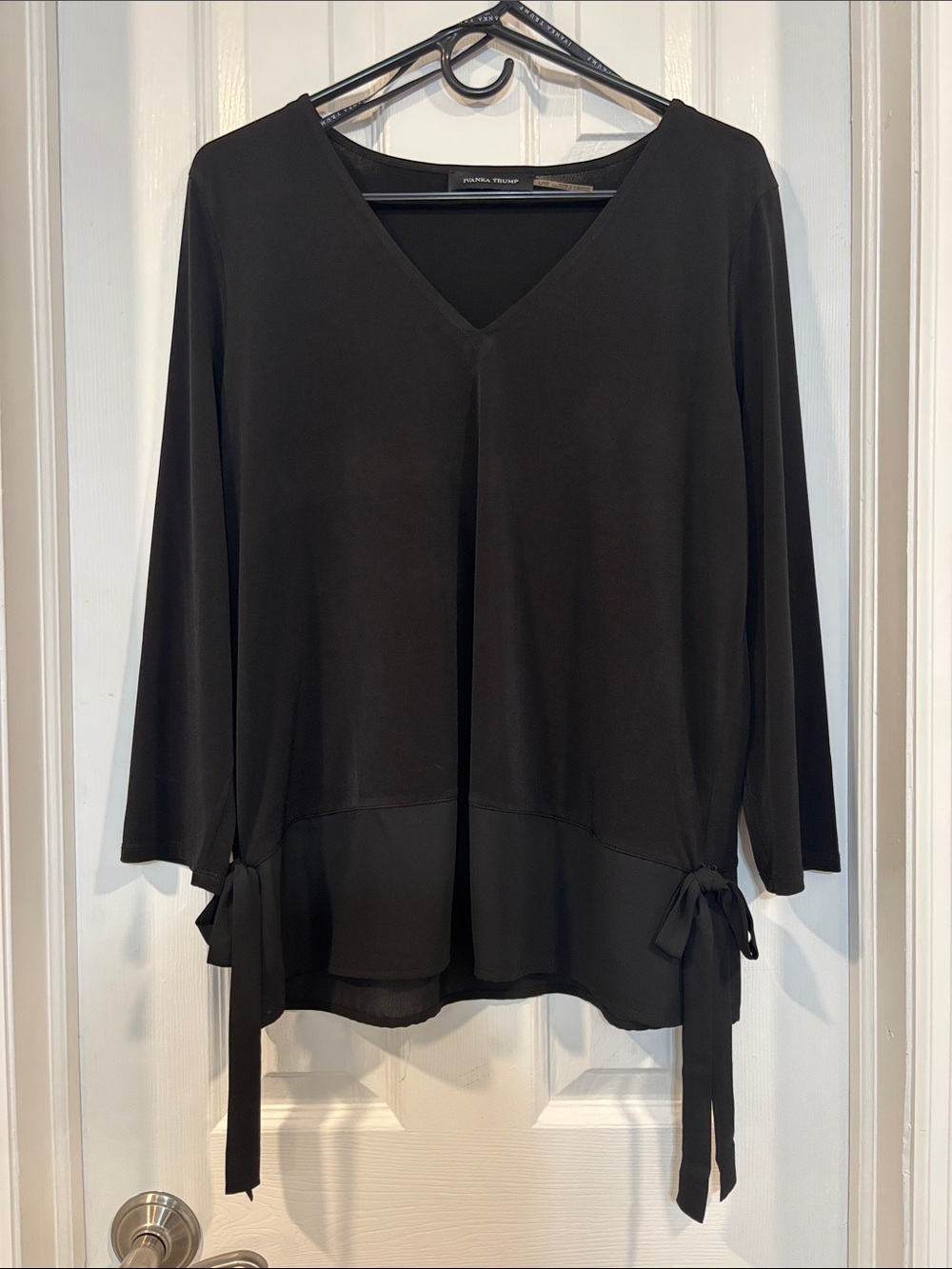 Ivanka Trump Black V-Neck Tie-Side Long Sleeve Blouse